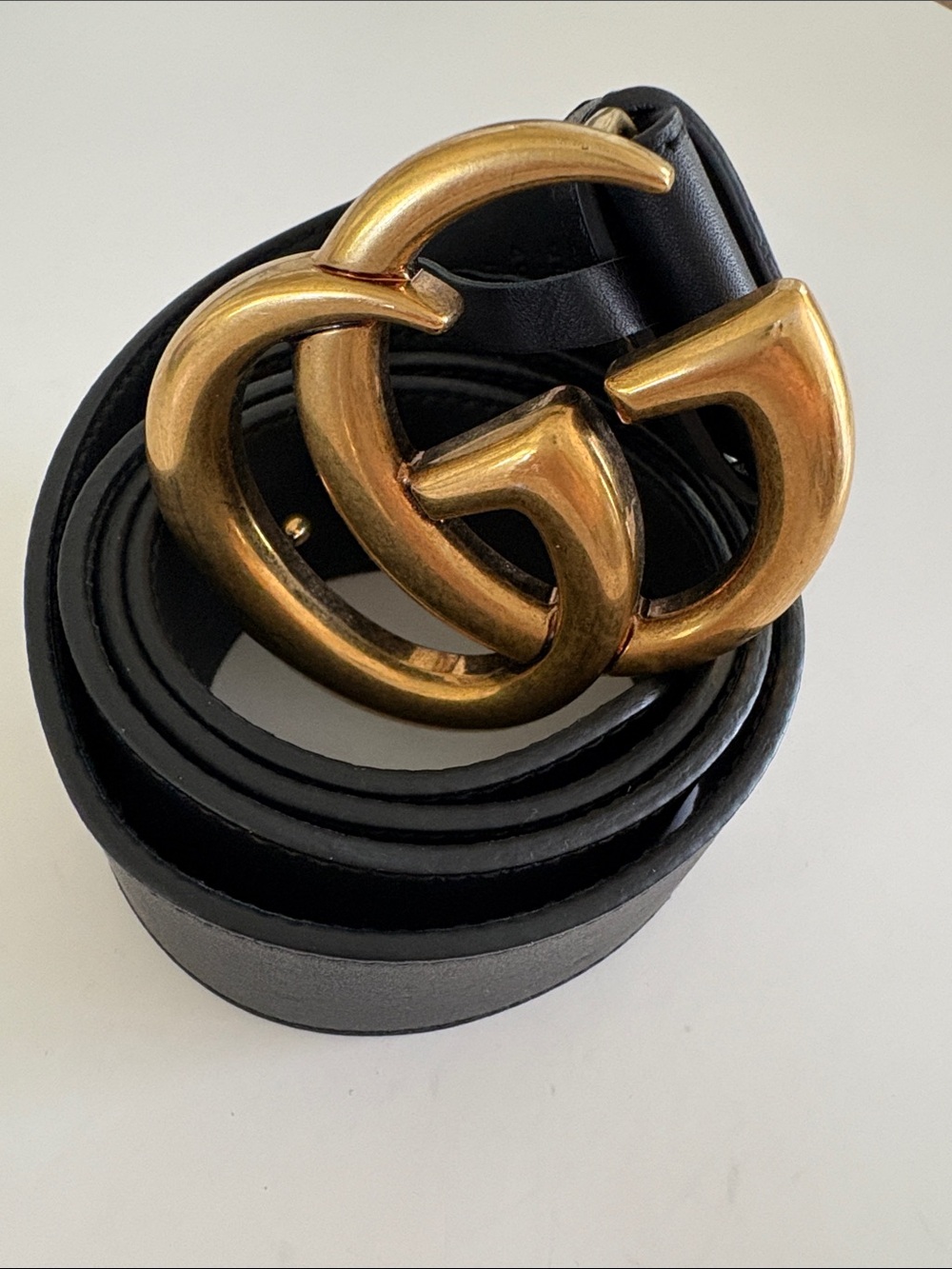 Gucci Marmont Jumbo Black Leather Belt with Brass Double G Logo Buckle sz 80